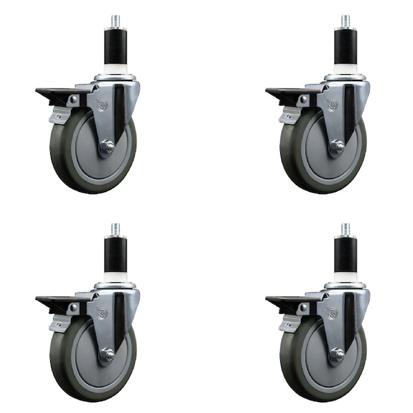5'' Gray Poly Swivel 1-3/8'' Expanding Stem Caster Set with Brake, 4PK